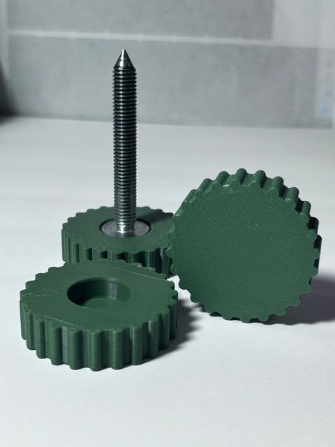 BR LevelGrip 50 set of three olive green leveling knobs with one installed on a Caldwell Rock BR leveling foot